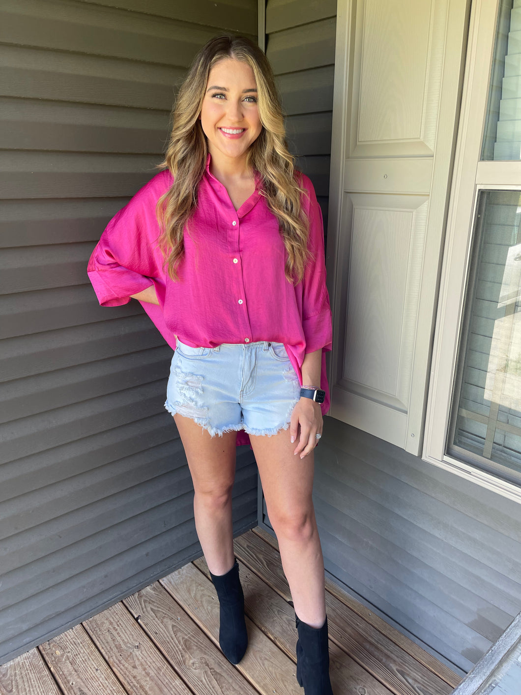 Fuchsia Satin Button Down