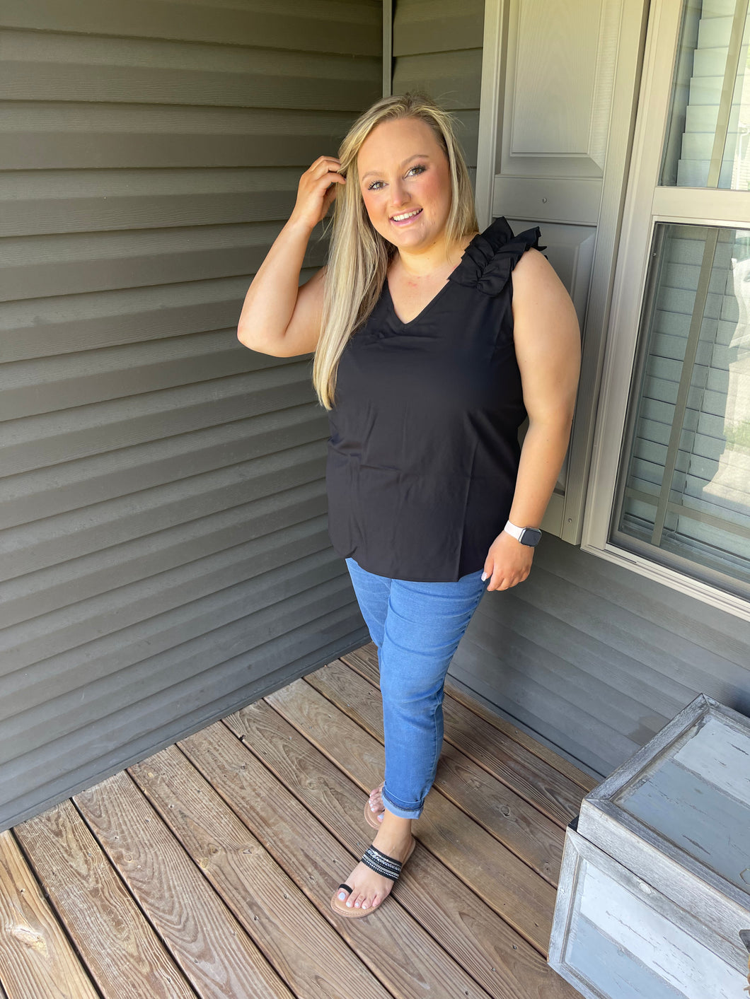 Black Ruffle Trim Tank - Curvy