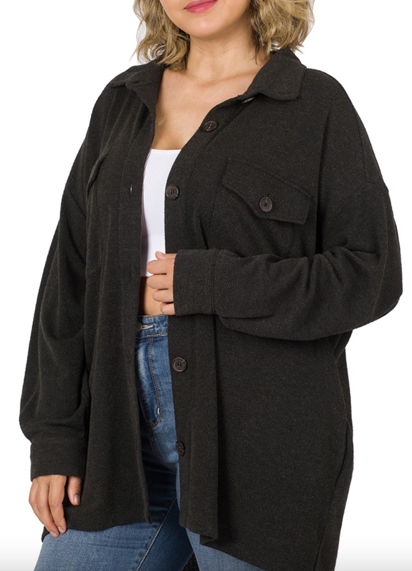 Black Jacquard Shacket with Pockets - Curvy