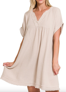 Beige Raw Edge V-Neck Dress