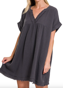 Ash Grey Raw Edge V-Neck Dress