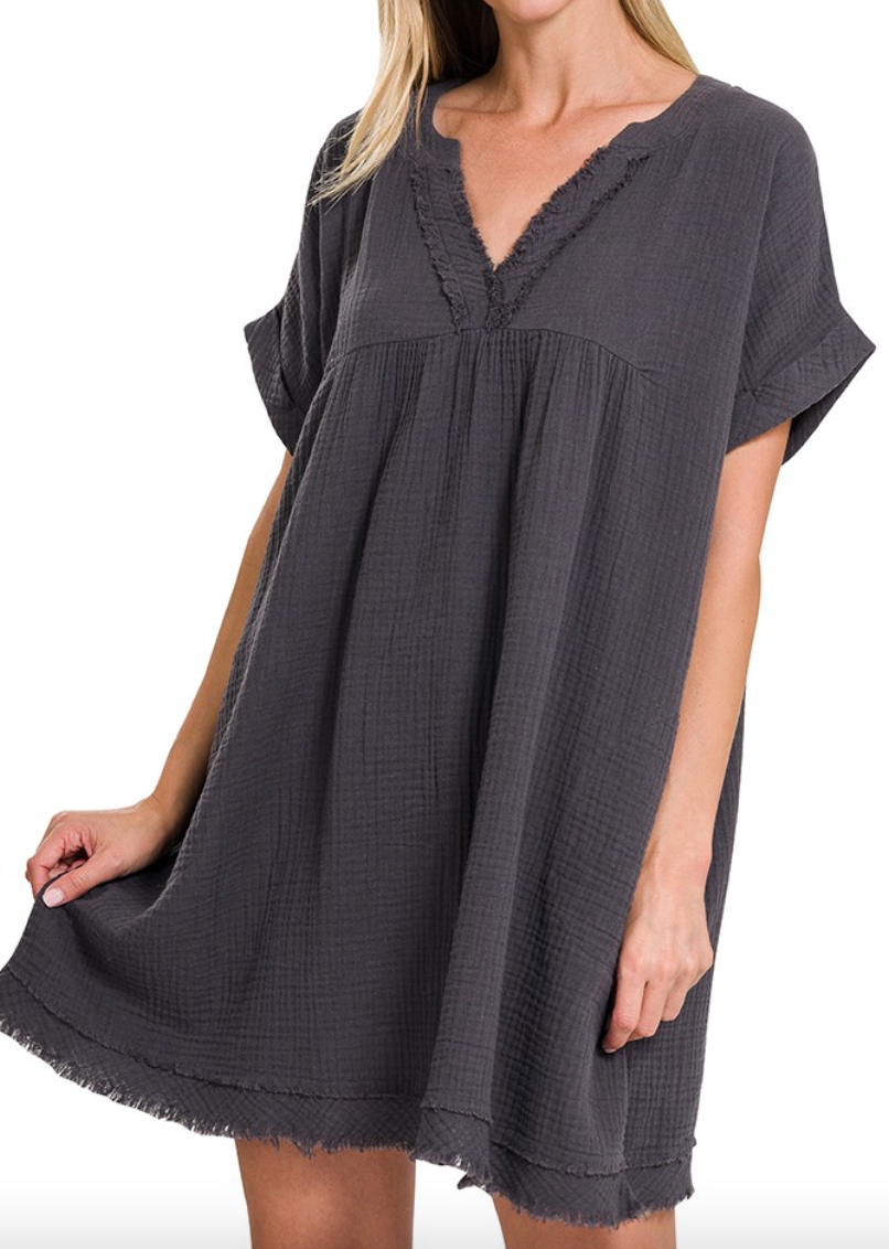 Ash Grey Raw Edge V-Neck Dress